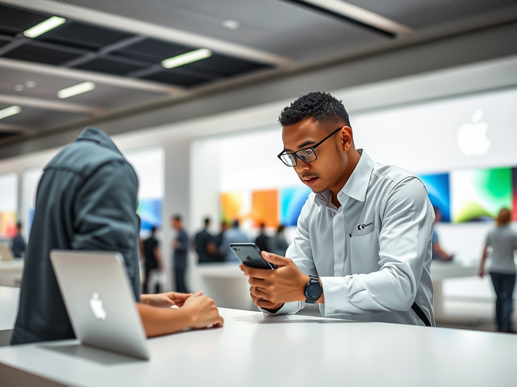 Мужчина в рубашке смотрит на телефон в магазине Apple, за ним показывают другие устройства.