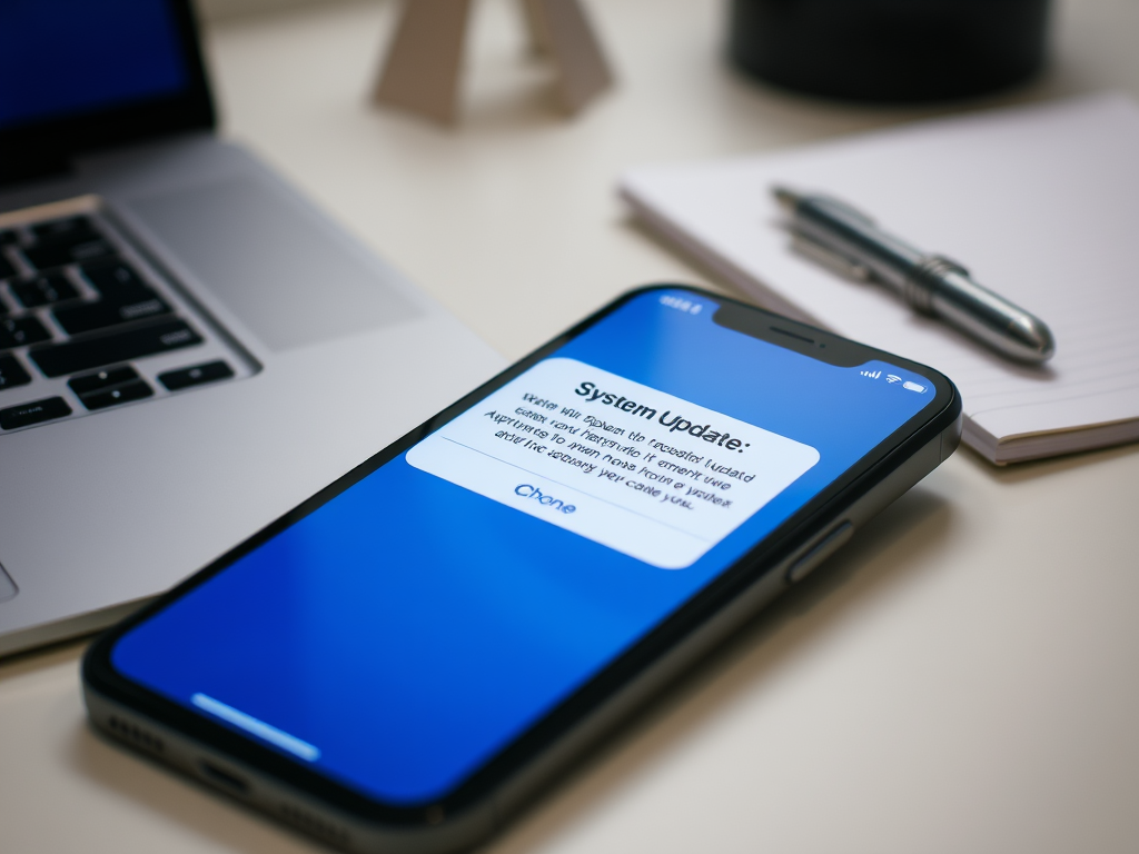 Обновление системы на телефоне с сообщением о необходимости обновления. На столе ноутбук и блокнот.